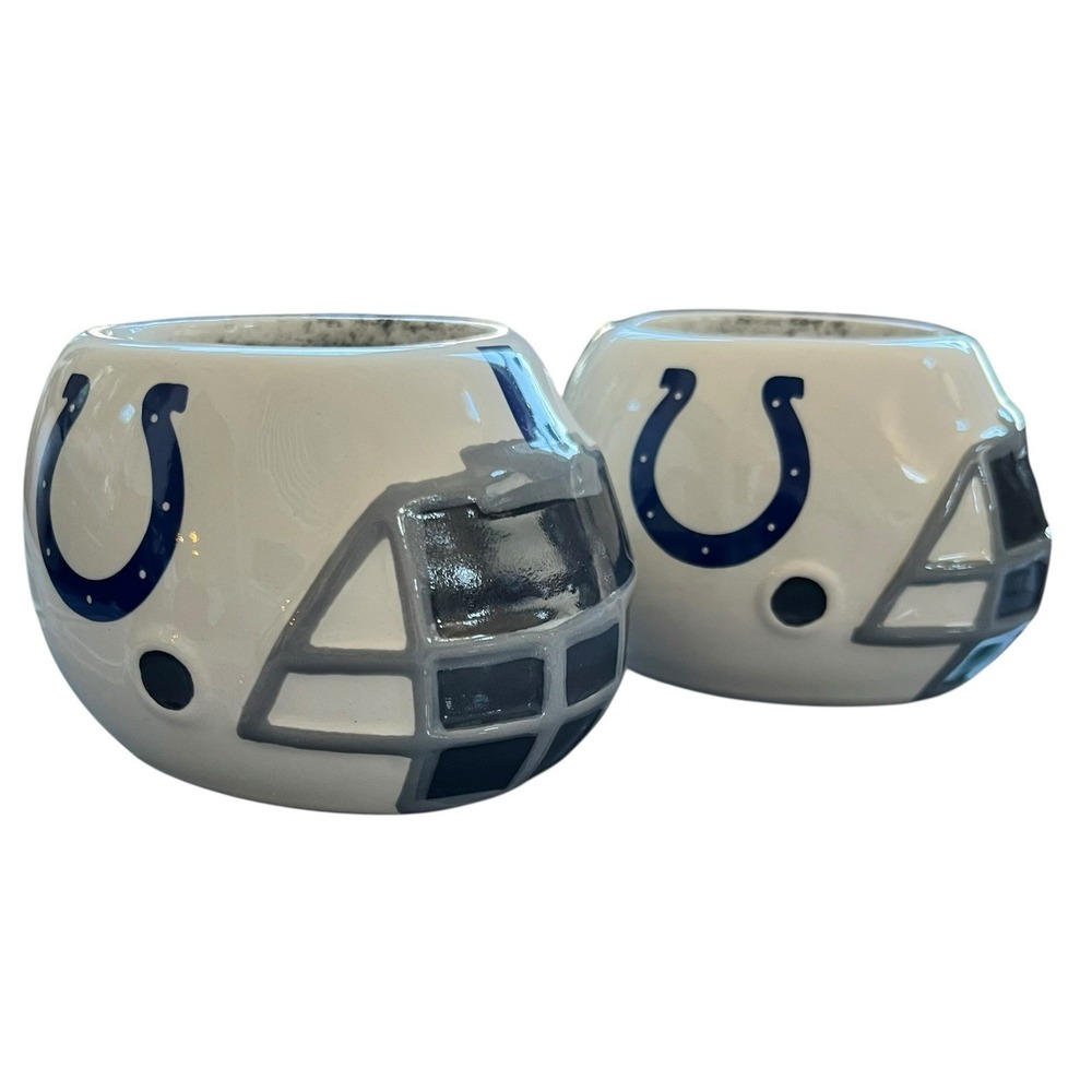 Set Of 2 Indianapolis Colts NFL Ceramic Helmet Planter Candy Bowl White Football